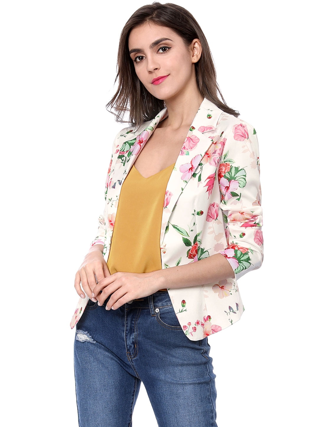 DARING DIVA Women's Elegant Notched Lapel Floral Print Blazer 2XL White-Floral