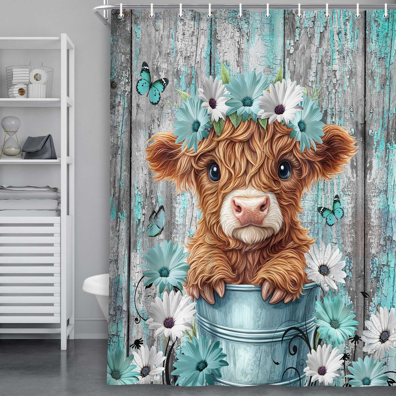 Funny Highland Cow Shower Curtain for Bathroom Decor, Teal Farm Teal Daisy Floral Flowers and Butterfly on Country Wooden Farmhouse Bath Curtain Country Animal Flower Waterproof 12 Hooks 54X72in