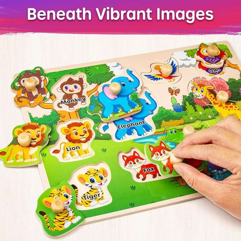 SYNARRY, Wooden Peg Puzzles, 6-Set Animal Jigsaw with Storage Rack