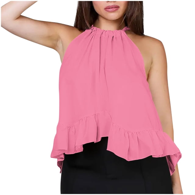 Sleeveless Top for Women, Non-Positioning Printed Loose Fit with Ruffle Hem and Halter Back Tie Design, Black S