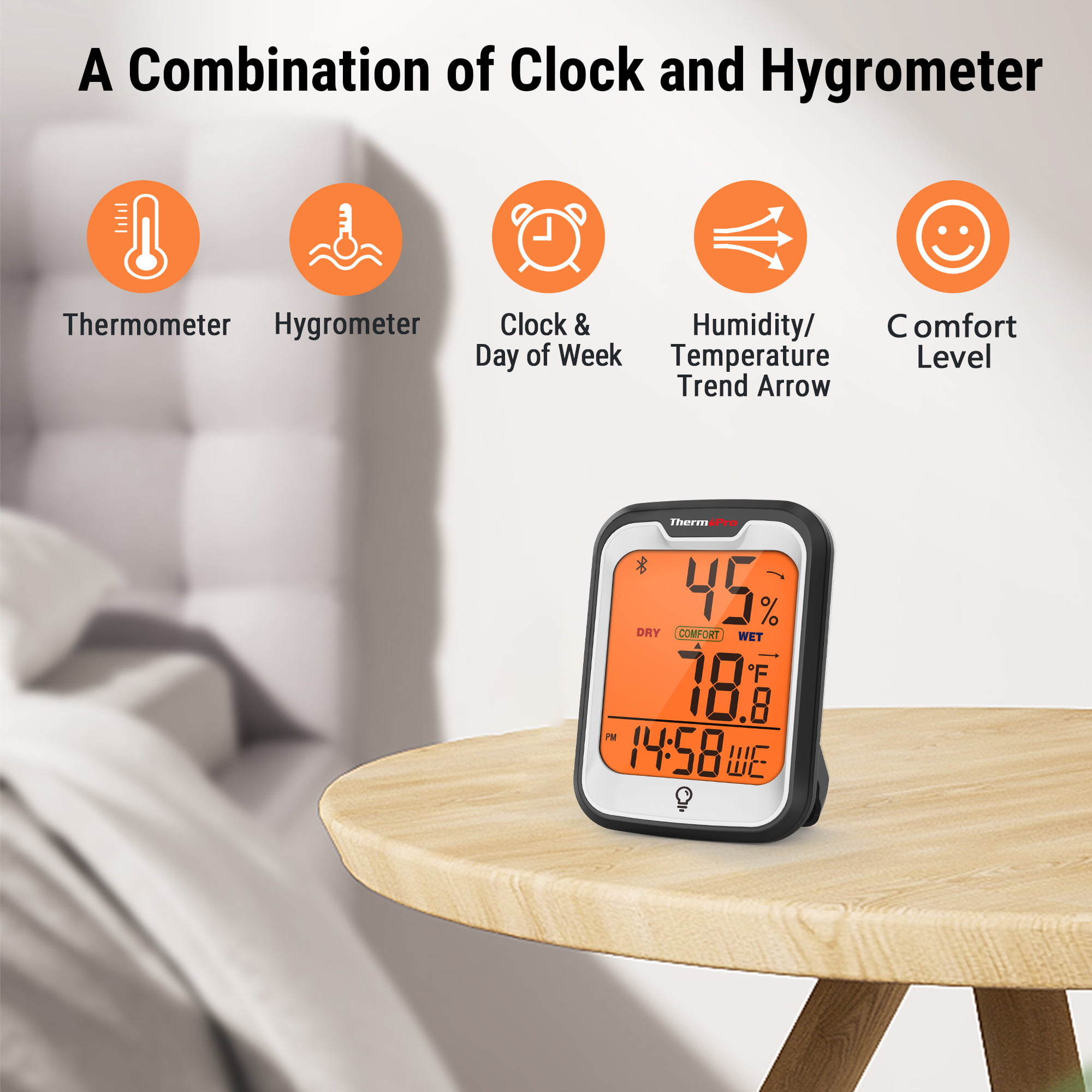 ThermoPro TP358 Hygrometer and Thermometer with Built-in Clock, Bluetooth  5.0, Premium Sensirion 260ft Humidity and Temperature Sensors, Comfort  Level