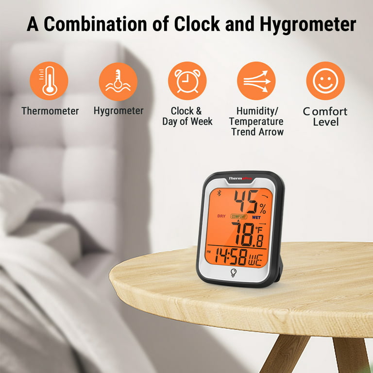 ThermoPro TP358W Hygrometer Indoor Thermometer for Home (iOS & Android) Bluetooth Hygrometer Thermometer Range to 260ft Humidity Monitor