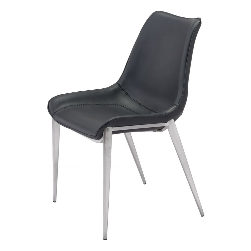 Modern Contemporary Dining Chair, Set of 4, Black Silver, Faux Leather Brushed Stainless Steel