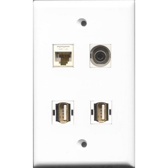 RiteAV - 2 Port USB A-A and 1 Port 3.5mm and 1 Port Cat6 Ethernet White Wall Plate