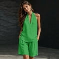 thumbnail image 4 of Qwertyu Linen Short Sets for Women 2 Piece Outfits V Neck Halter Tank Tops Knee Length Bermuda Shorts Beach Loungewear Set Green XL, 4 of 6