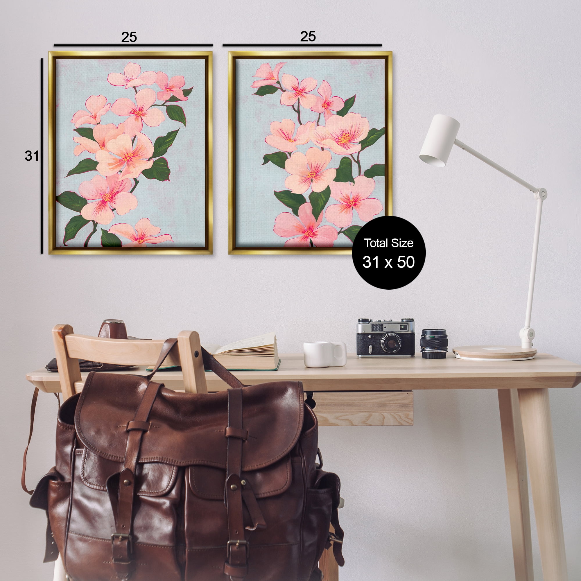 Stupell Industries Pink Cherry Blossom Branch Plants & Flowers Painting Gold Floater Framed Canvas Art Print Wall Art, 31 x 25, Set of 2