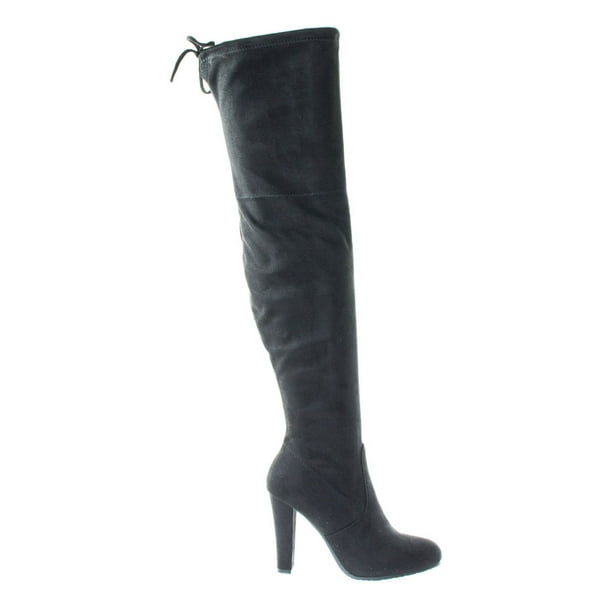block heel tie back thigh high boots
