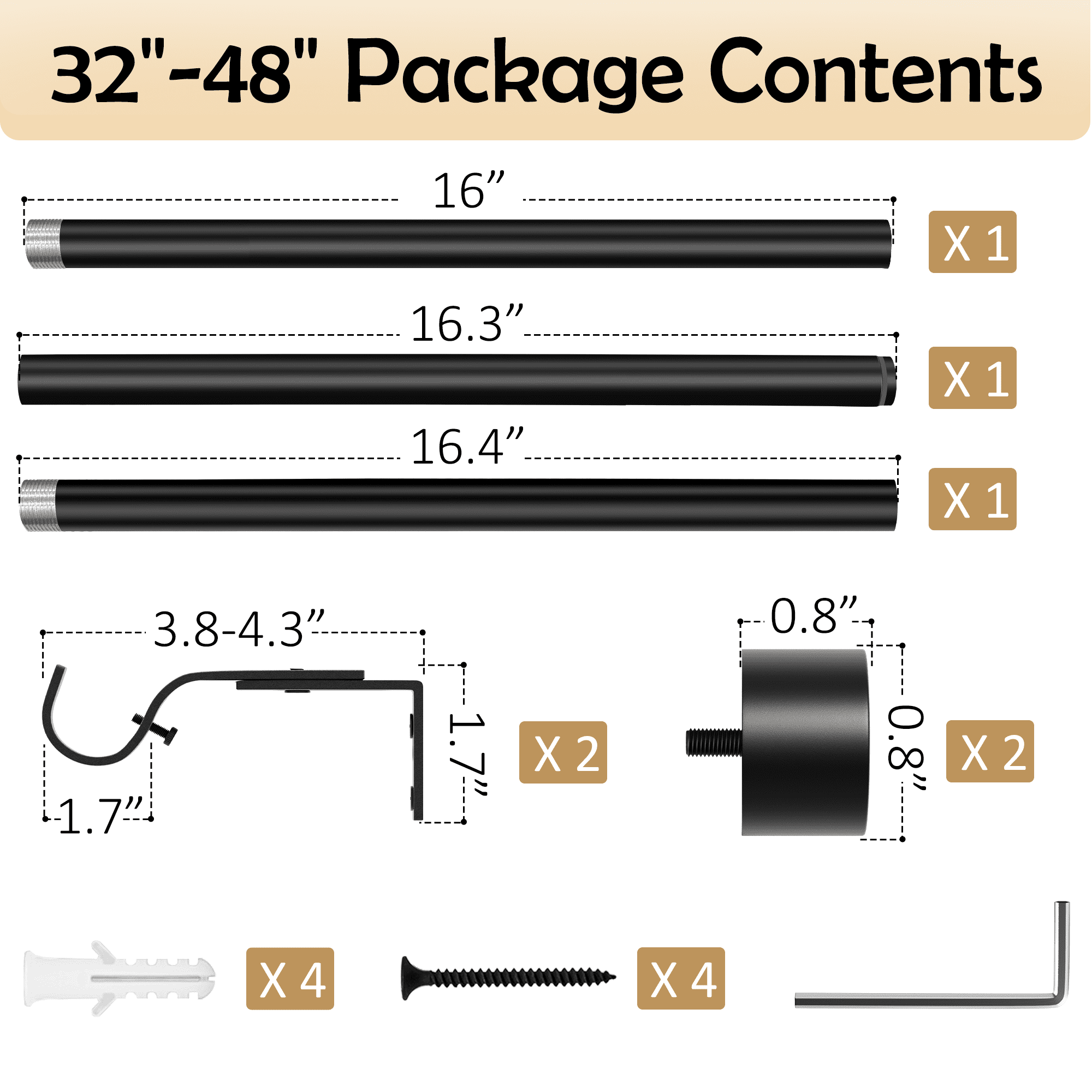 32"-48" Curtain Rods, 1 inch Diameter Window Curtain Rod Set,Heavy Duty Curtain Rods with Aluminium Finials,Black