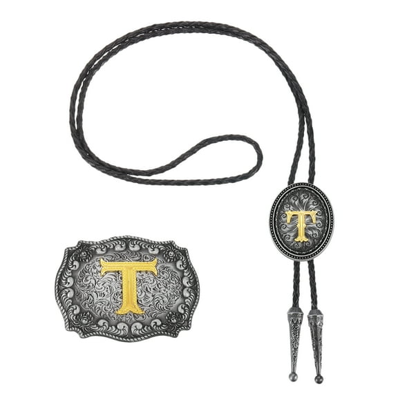 Uxcell Western Cowboy Bolo Tie and Belt Buckle Set Golden Initial Letter T Cowhide Rope Necktie for Women Men Costume Traditional Vintage Accessories, Grey Black/Gold