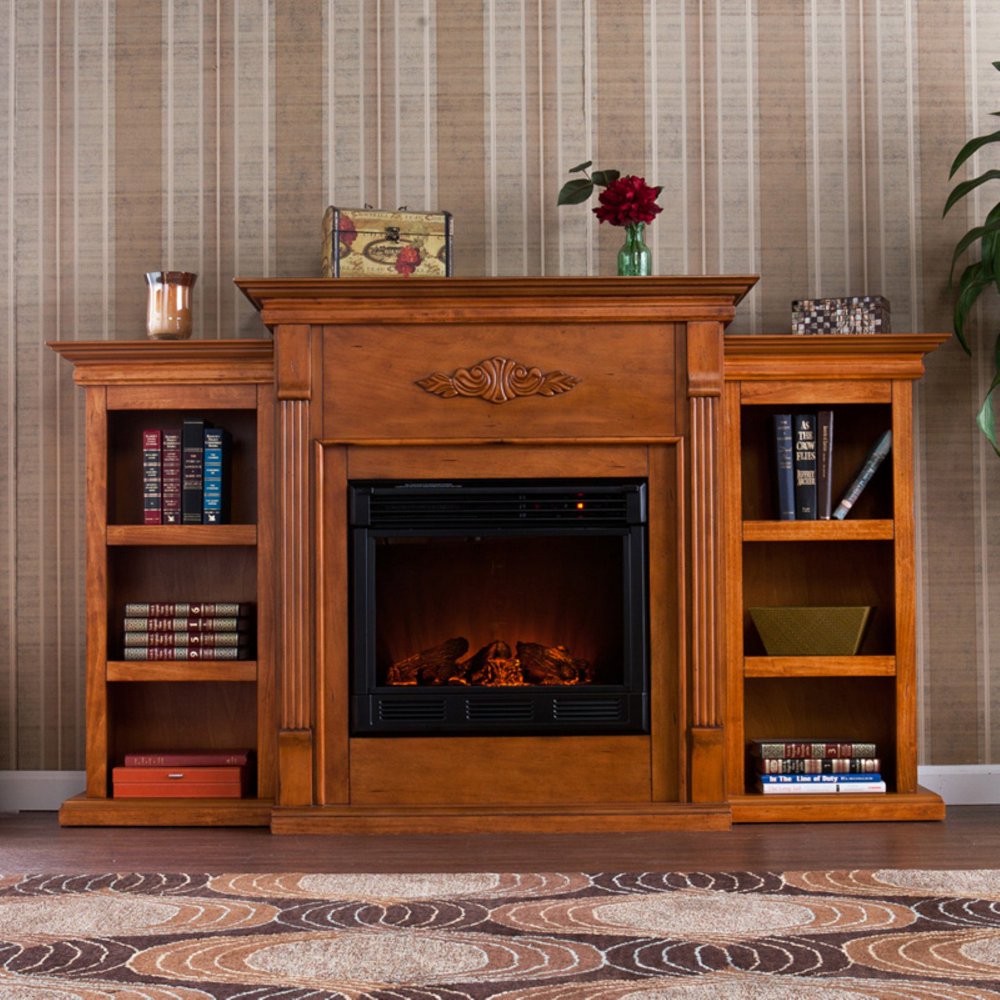 Southern Enterprises Tennyson Glazed Pine Electric Fireplace with Bookcases