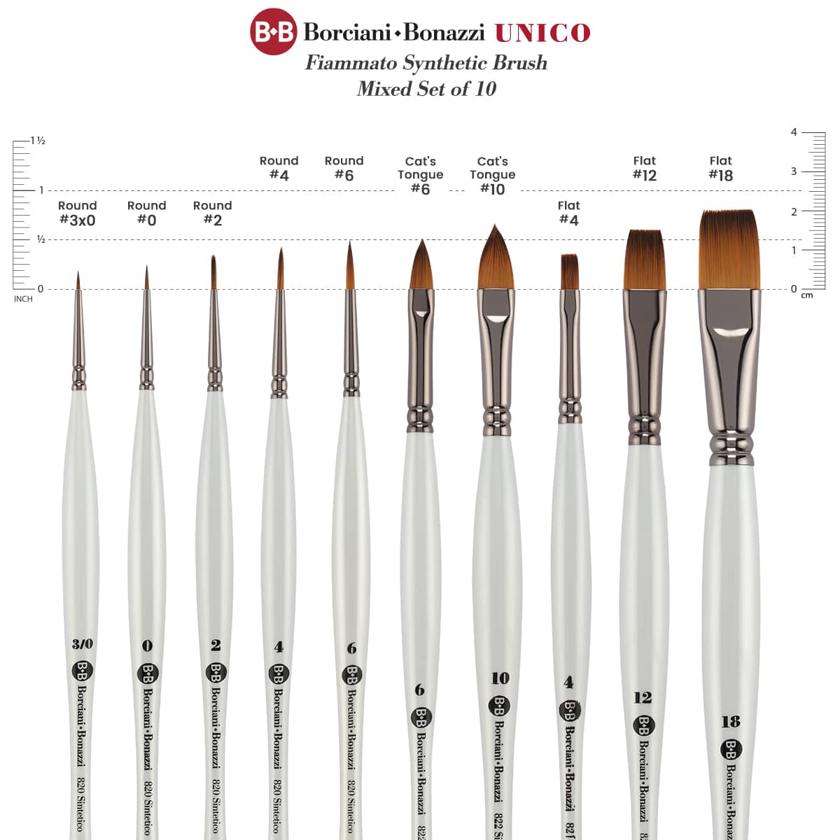 Borciani e Bonazzi Unico Fiamatto Synthetic Paint Brush, Assorted Set of 4 - For Acrylic and Watercolor Painting - Ergonomic Handle, Animal-Friendly, Brass Ferrule, Handcrafted in Italy
