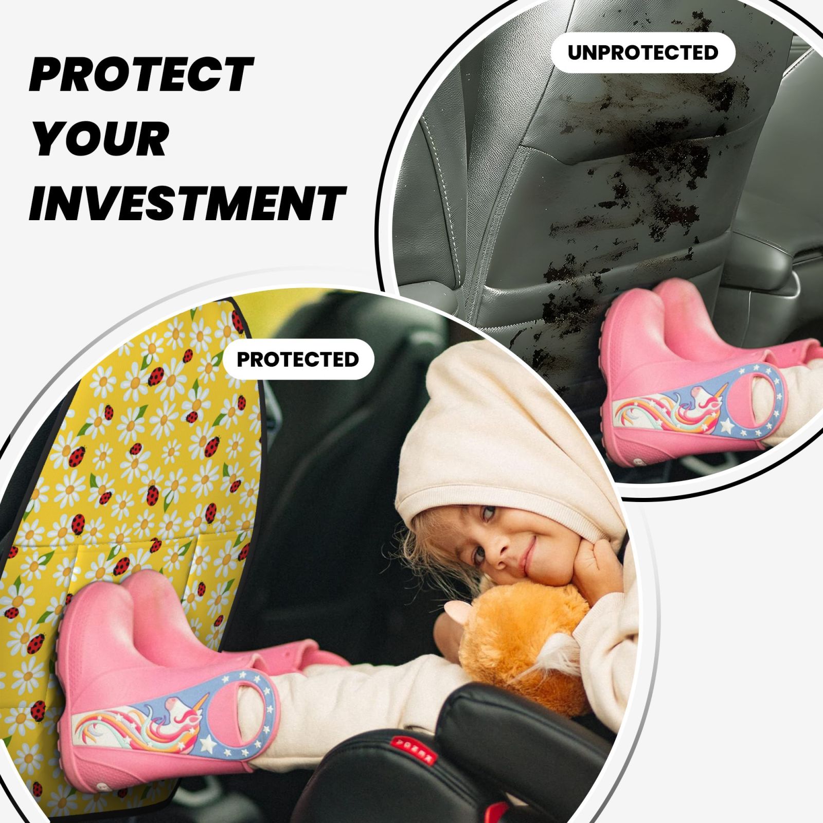 Naloa Chamomile And Ladybug 2Pcs Anti-Kick Back Seat Cover Kick Mat, Car Seat Protector with 3 Storage Pockets
