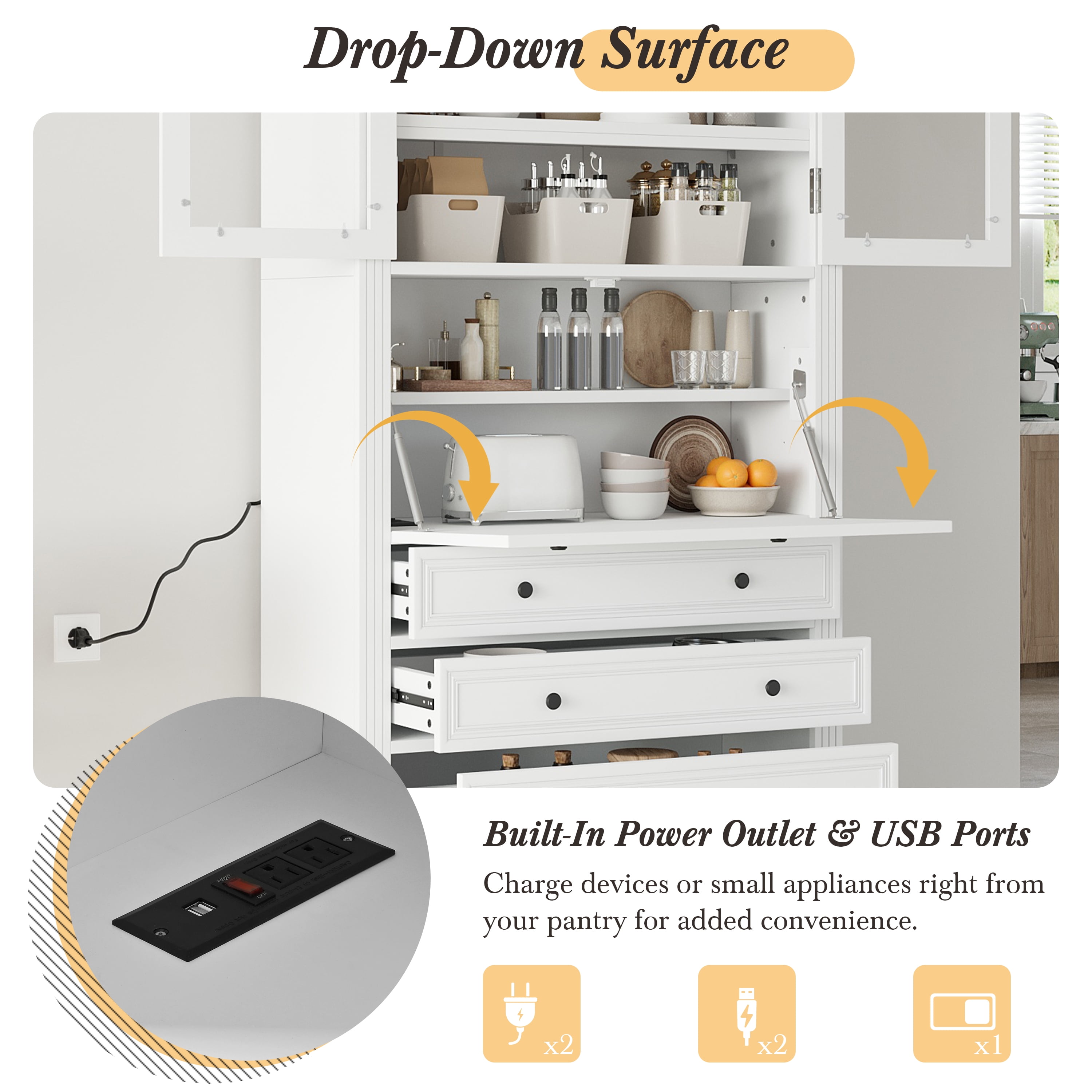 Euroco 36x16.5x78inch Freestanding Kitchen Pantry Storage Cabinet,Multifunctional Cupboard with 3 Drawers,Adjustable Shelves and Power Outlet for Dining and Living Room,White