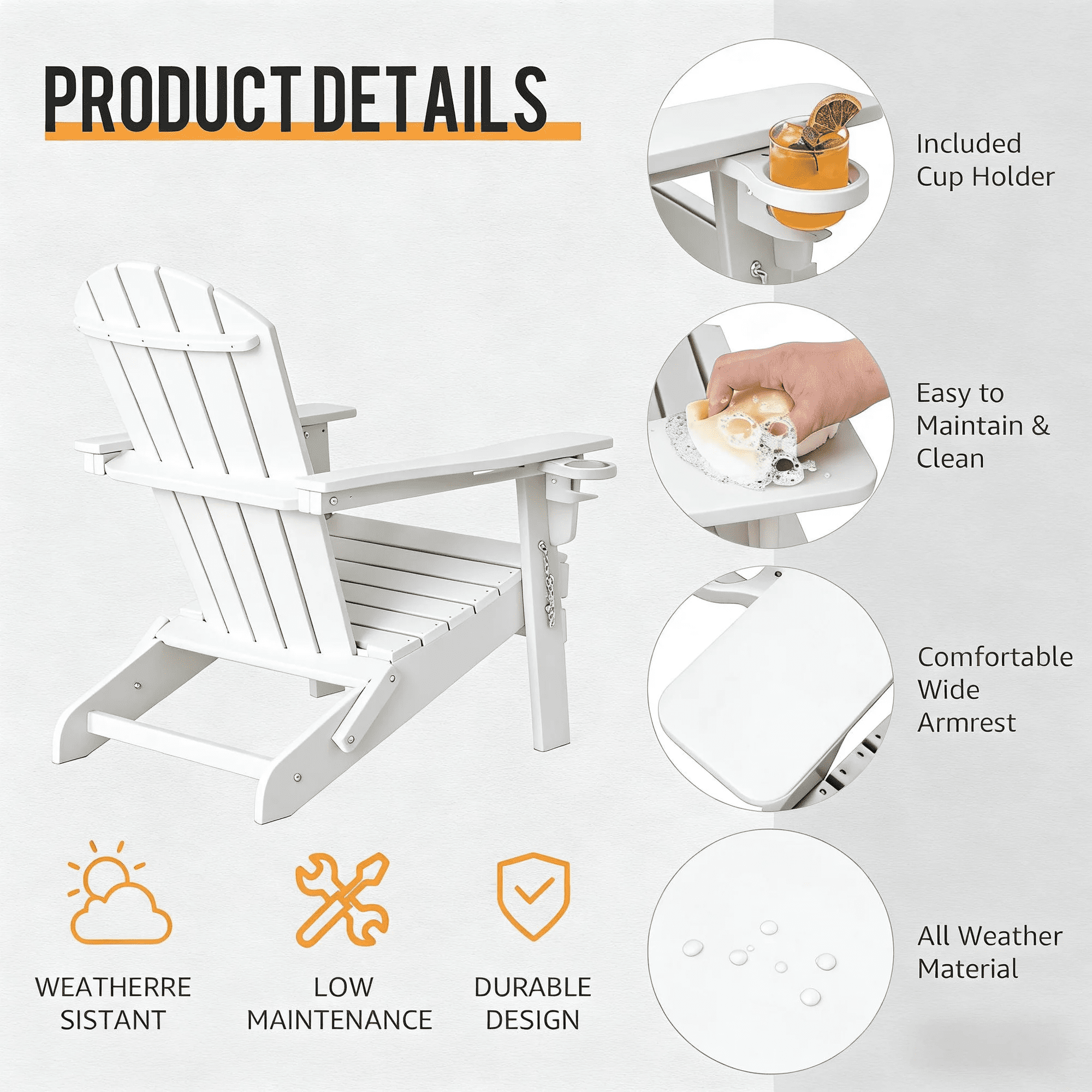 FHFO Outdoor Adirondack Chair,Weather Resistant Plastic Resin Chair for Outside Deck Garden Backyard Balcony(White)