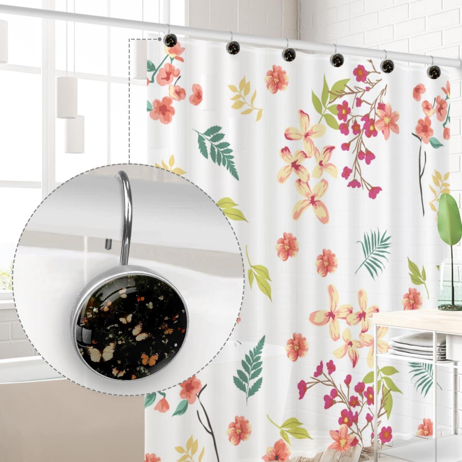 Butterfly on White Daisy Flower Shower Curtain Hooks Round Crystal Glass, Set of 12 Shower Curtain Rings - Shower Hooks for Curtain Shower Rings