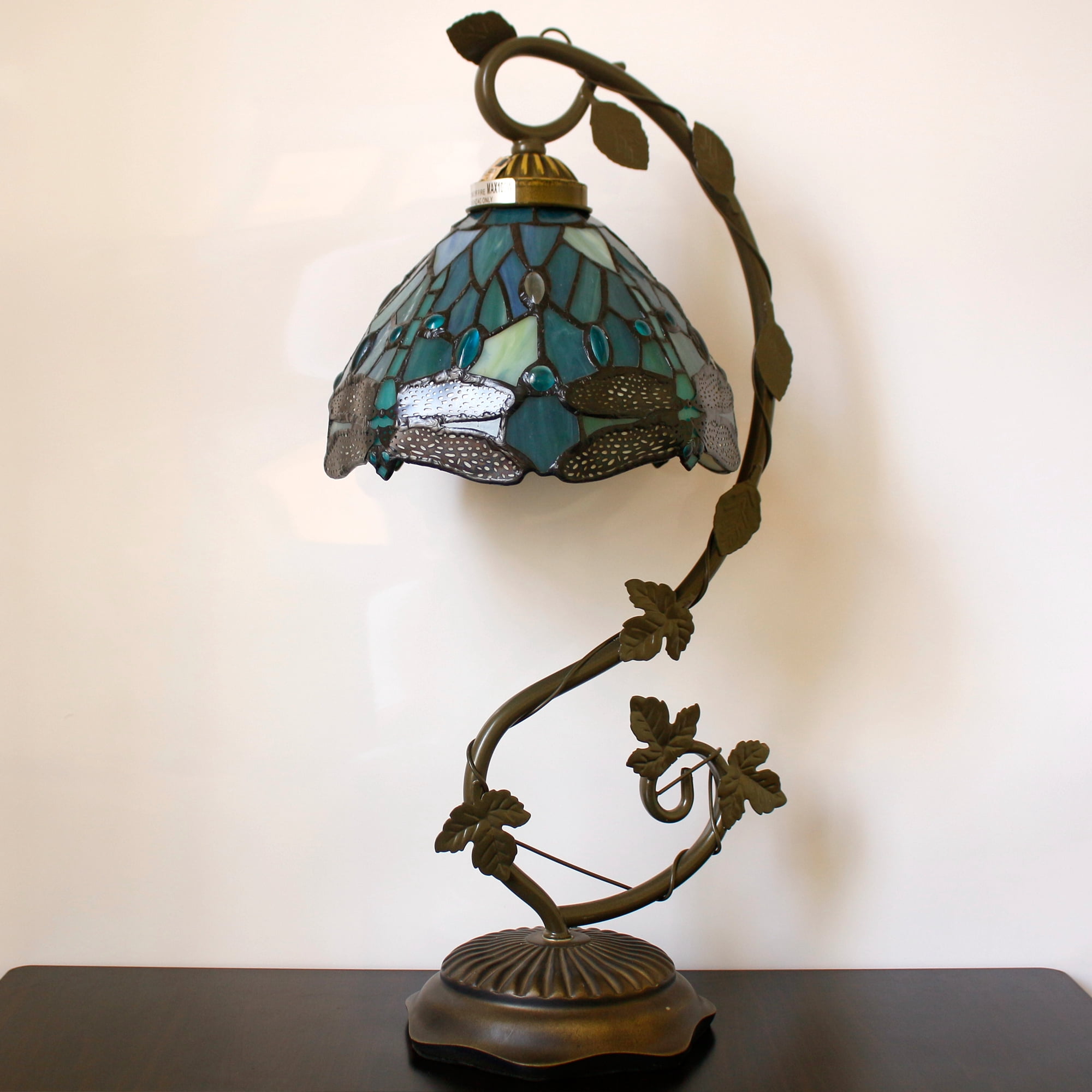 Tiffany Lamp - Bedside Lamp with Stained Glass Shade, Sea Blue Dragonfly Table Lamp with Antique Metal Leaf Thin Base for Small Space of Living Room, Bedroom, Banker Desk Light