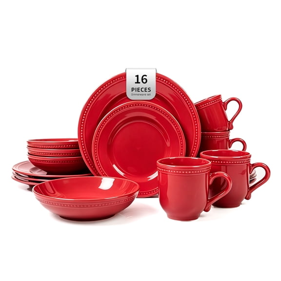 HomeVss 16-Piece Pearl Dots Stoneware Dinnerware Set, Plates and Bowls, Service for 4, Microwave and Dishwasher Safe, Red