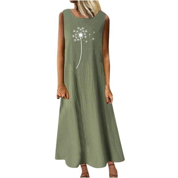 Summer Saving Wycnly Summer Dresses for Women Beach Casual Cotton Linen Plus Size Swimg Tank Long Dresses Sleeveless Crewneck Dandelion Print Maxi 2024 Dress Army Green xxl Clearance Under $5