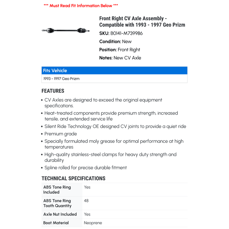 Front Right CV Axle Assembly - Compatible with 1993 - 1997