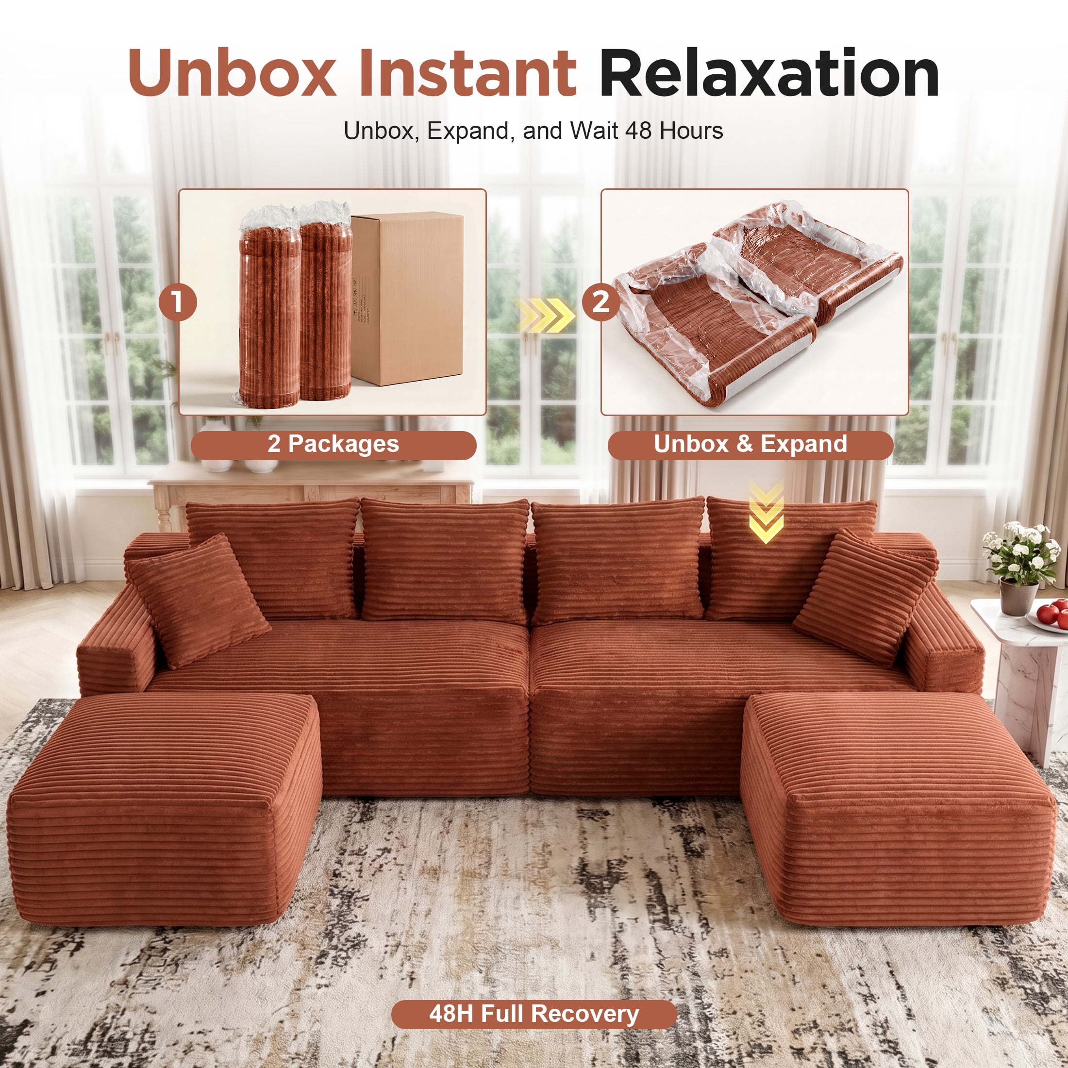 Aenkyo 115" Corduroy U-Shaped Modular Sectional Sofa with 2 Ottomans, 4-Seater, Orange