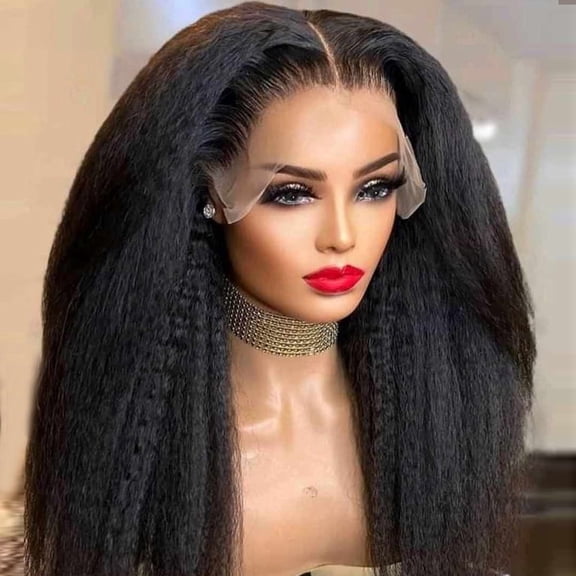 Glueless Soft 180% Density Black Synthetic Hair,Yaki Kinky StraightLace Front Wig , 30 Inch Preplucked Baby Hair & Heat Resistant , Glueless Daily Wig for Women