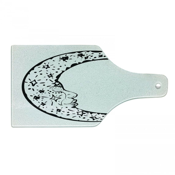 Magic Moon Cutting Board, Monochrome Modern Crescent with Human Face and Starry Ornament, Decorative Tempered Glass Cutting and Serving Board, in 3 Sizes, by Ambesonne