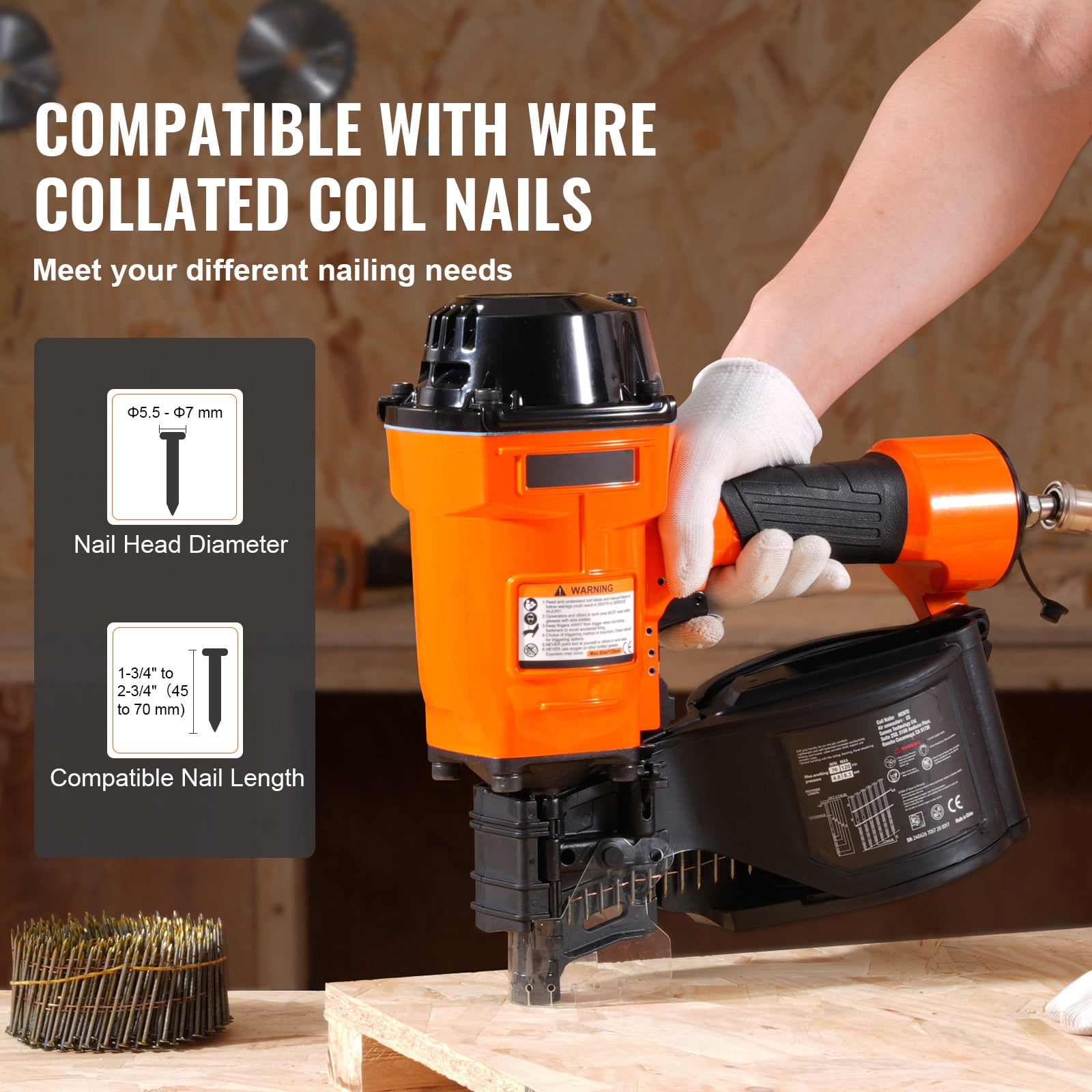 KFFKFF Pneumatic Coil Siding Nailer MCN70, Compatible with 1-3/4" to 2-3/4" Nails, 15 Degree Angle, 70-120PSI, Ideal for Pallets, Crates, Frames, Siding & Fences