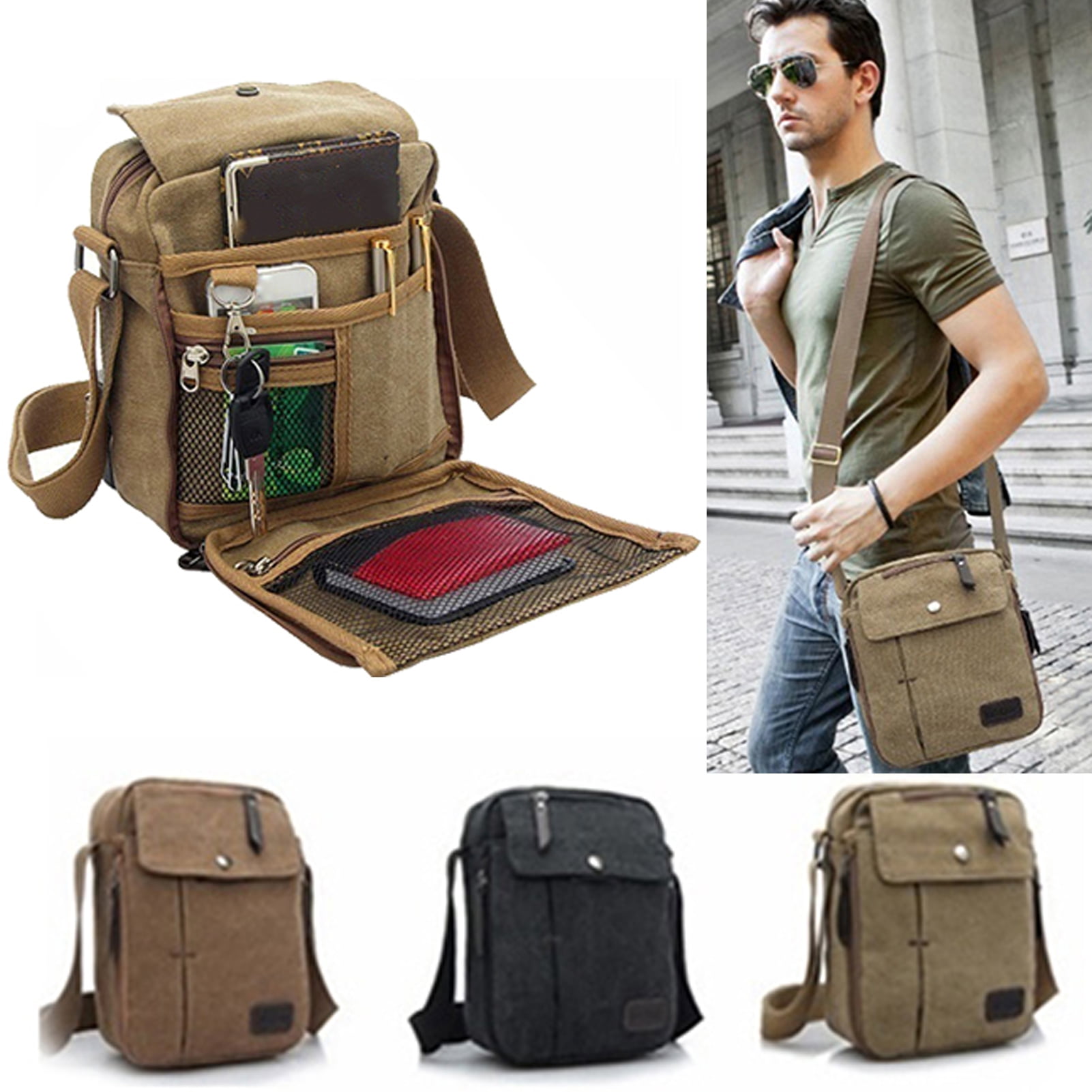 Small Canvas Messenger Bag Handbag Phone Bag with Shoulder Strap for Outdoor 