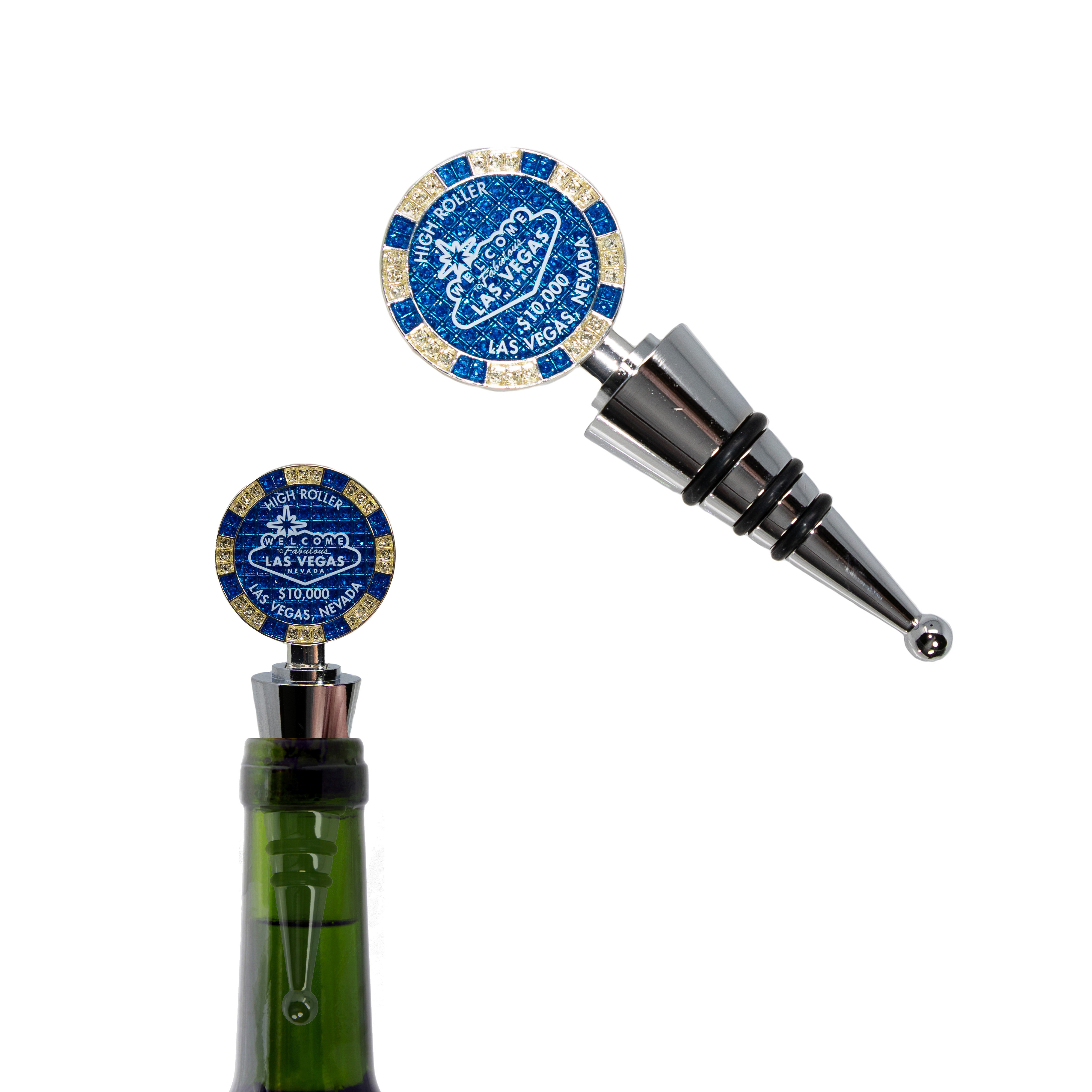 $10,000 Las Vegas Poker Chip Wine Stopper - Welcome to Las Vegas Sign Poker Chip Wine Stopper with Rubber Seal (Silver and Blue) - image 1 of 5