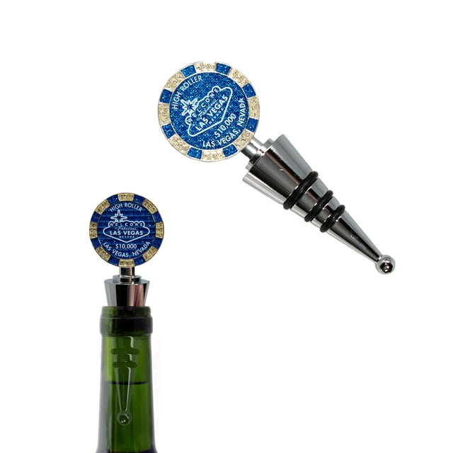 $10,000 Las Vegas Poker Chip Wine Stopper - Welcome to Las Vegas Sign Poker Chip Wine Stopper with Rubber Seal (Silver and Blue)