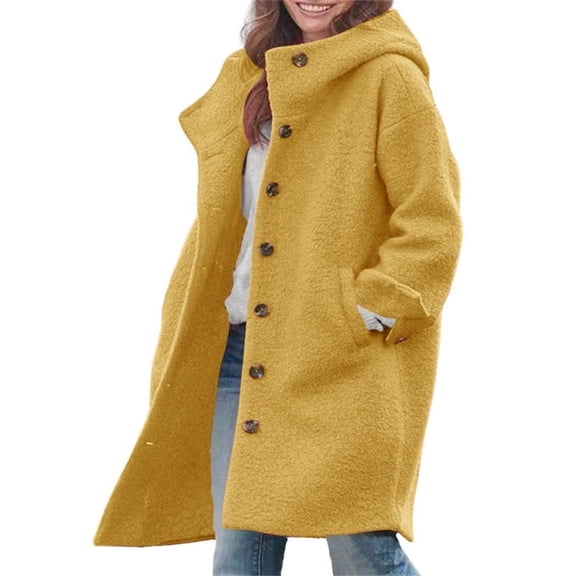 sicmoss Women's Yellow Single Breasted Long Wool Coat, Hooded Winter with Pockets