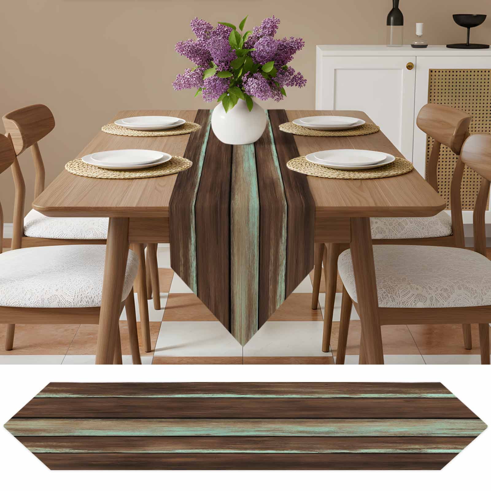 Table Runners 120 Inches Long, Brown Teal Wooden Cotton Linen Kitchen Dining Coffee Table Runner for Party Home Decor, Vintage Farmhouse Retro Art Tabletop Dresser Scarves Runner Decor 13x120 Inch