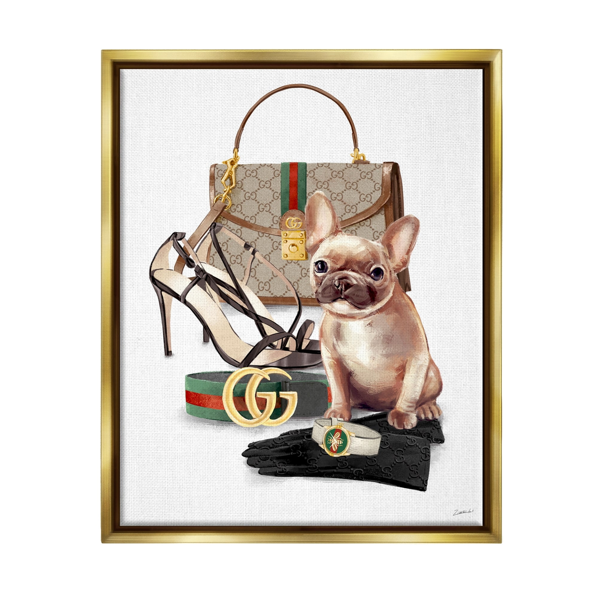 Stupell Industries Stylish Puppy Dog Designer Purse Shoes Accessories Metallic Gold Framed Floating Canvas Wall Art, 16x20, by Ziwei Li