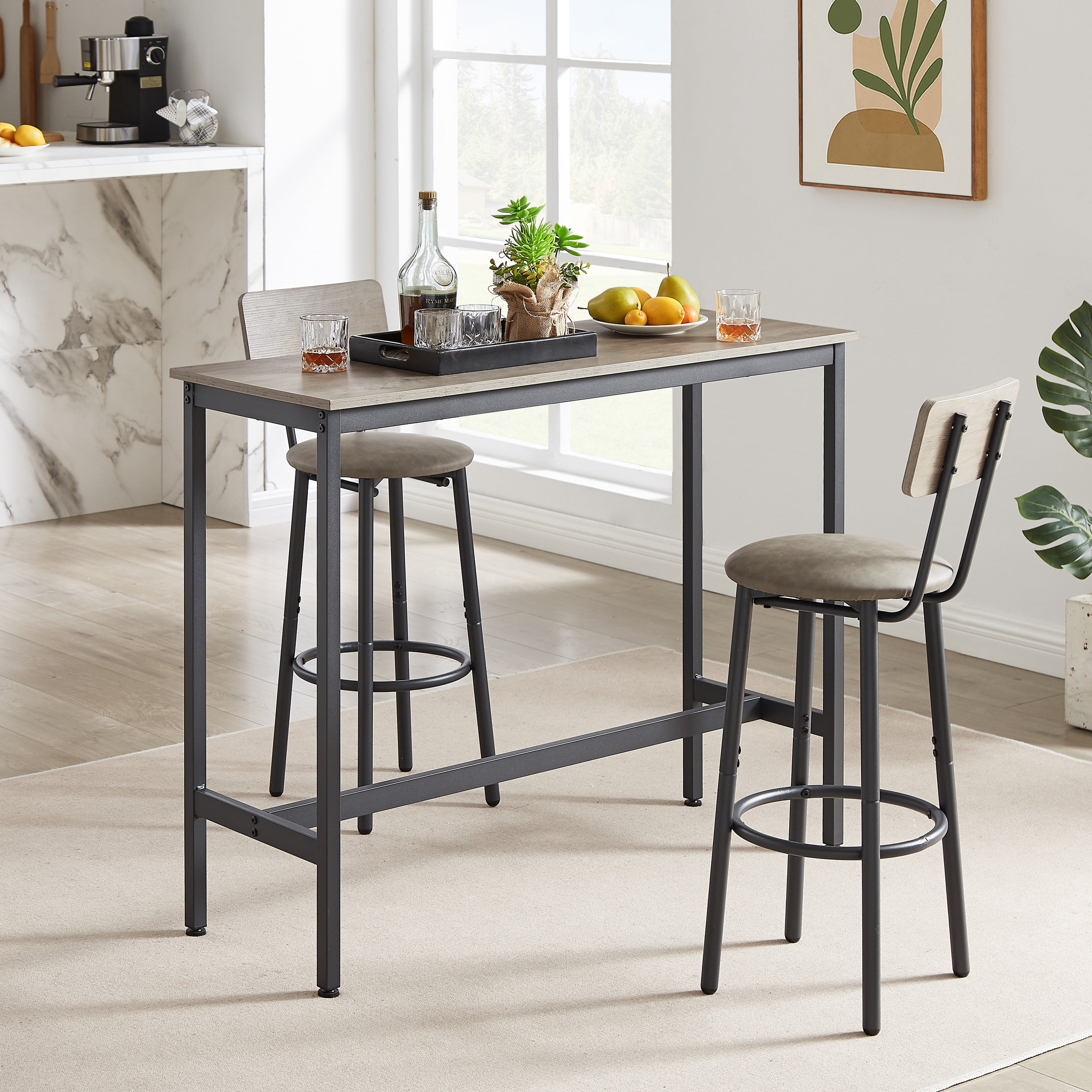 AUKFA 3-Piece Bar Table Set, Pub Dining Table & PU Upholstered Stools with Backrest for Kitchen Small Space, Gray