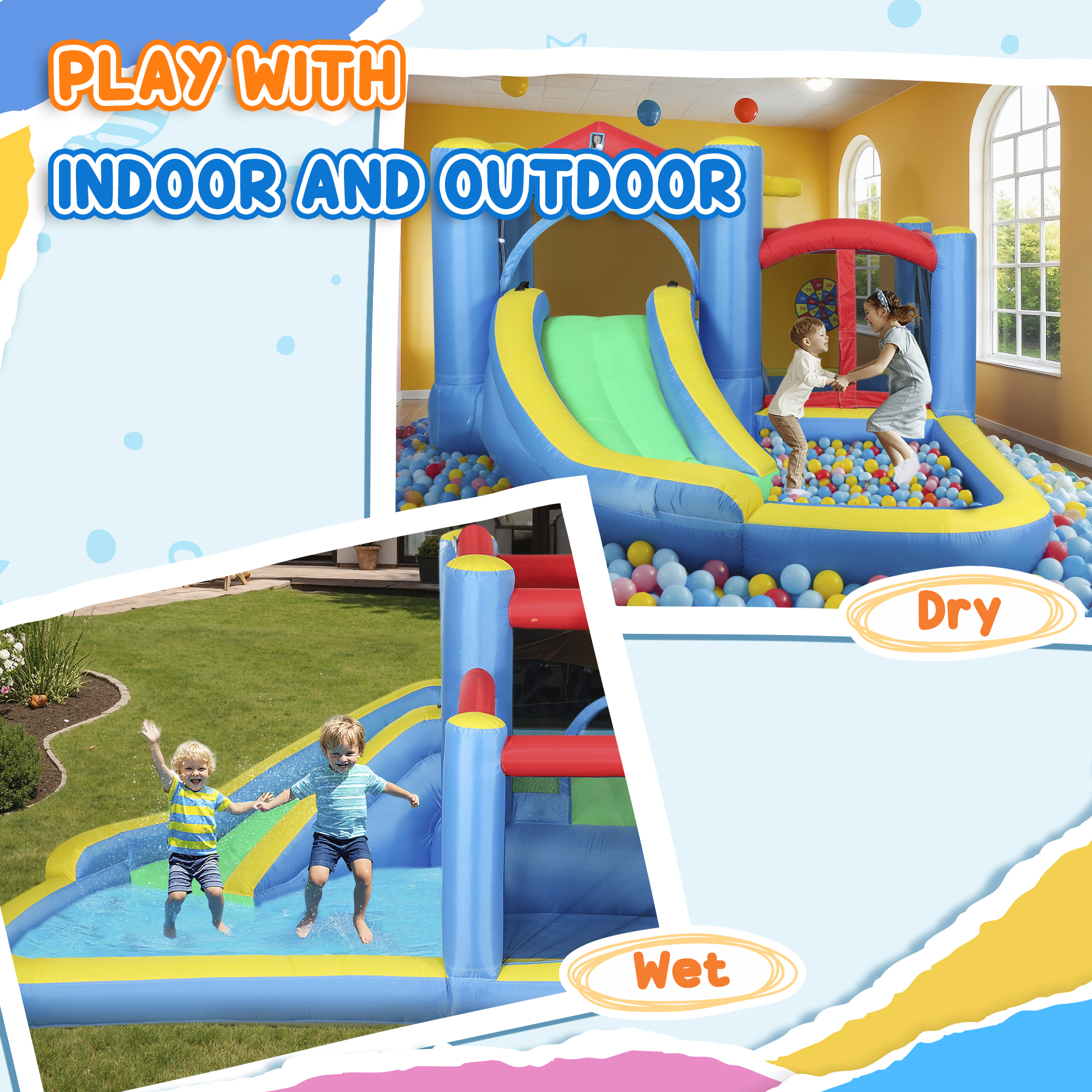 Qaba Inflatable Water Slide, Water Bounce House for Kids Outdoor Fun with Large Trampoline, Splash Pool, 550W Blower, Basketball Hoop, Dart Board