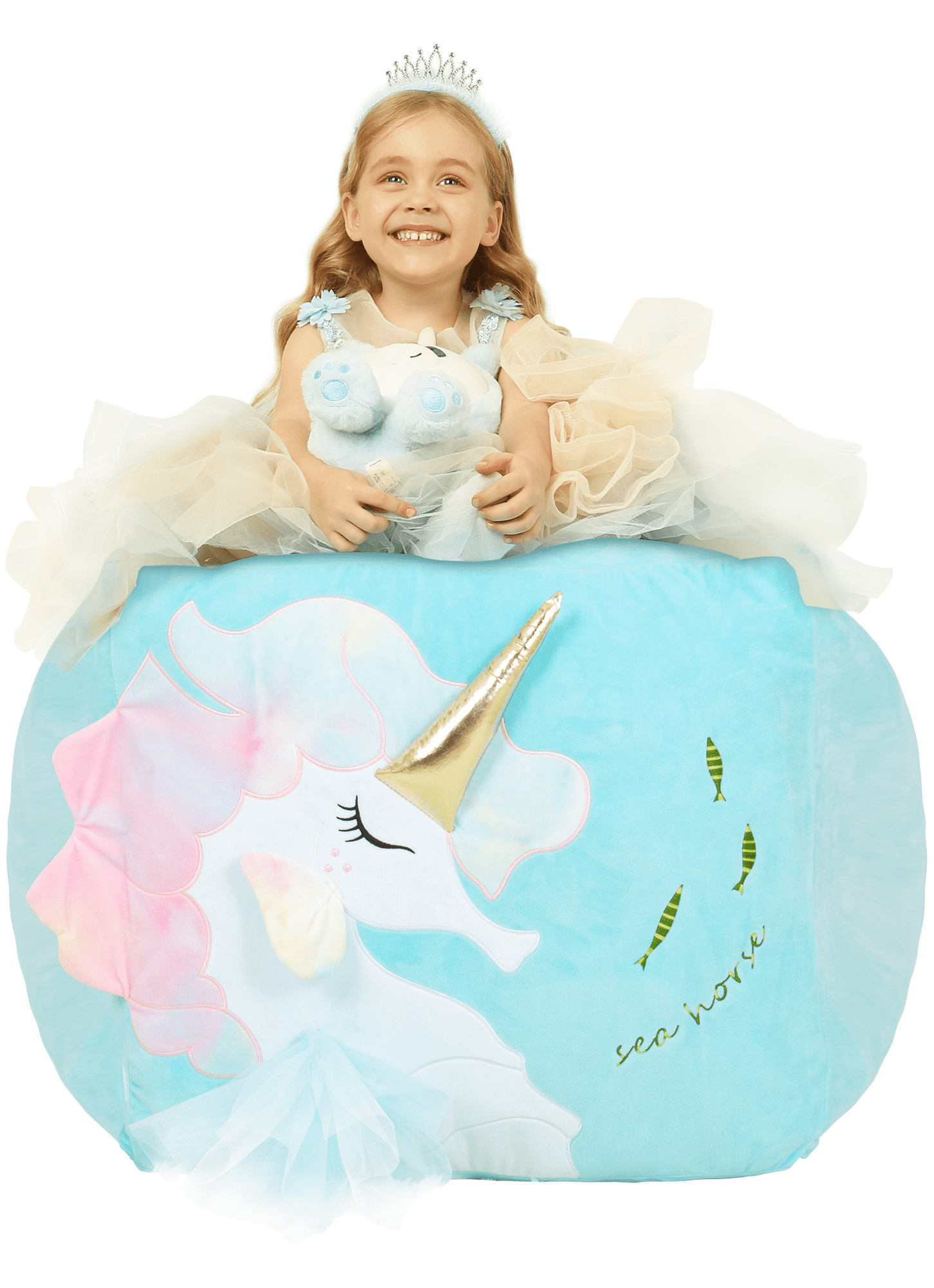 Blue Unicorn Bean Bag Chair for Girls Room Decorations, Toy Organizers and Storage, Gifts for