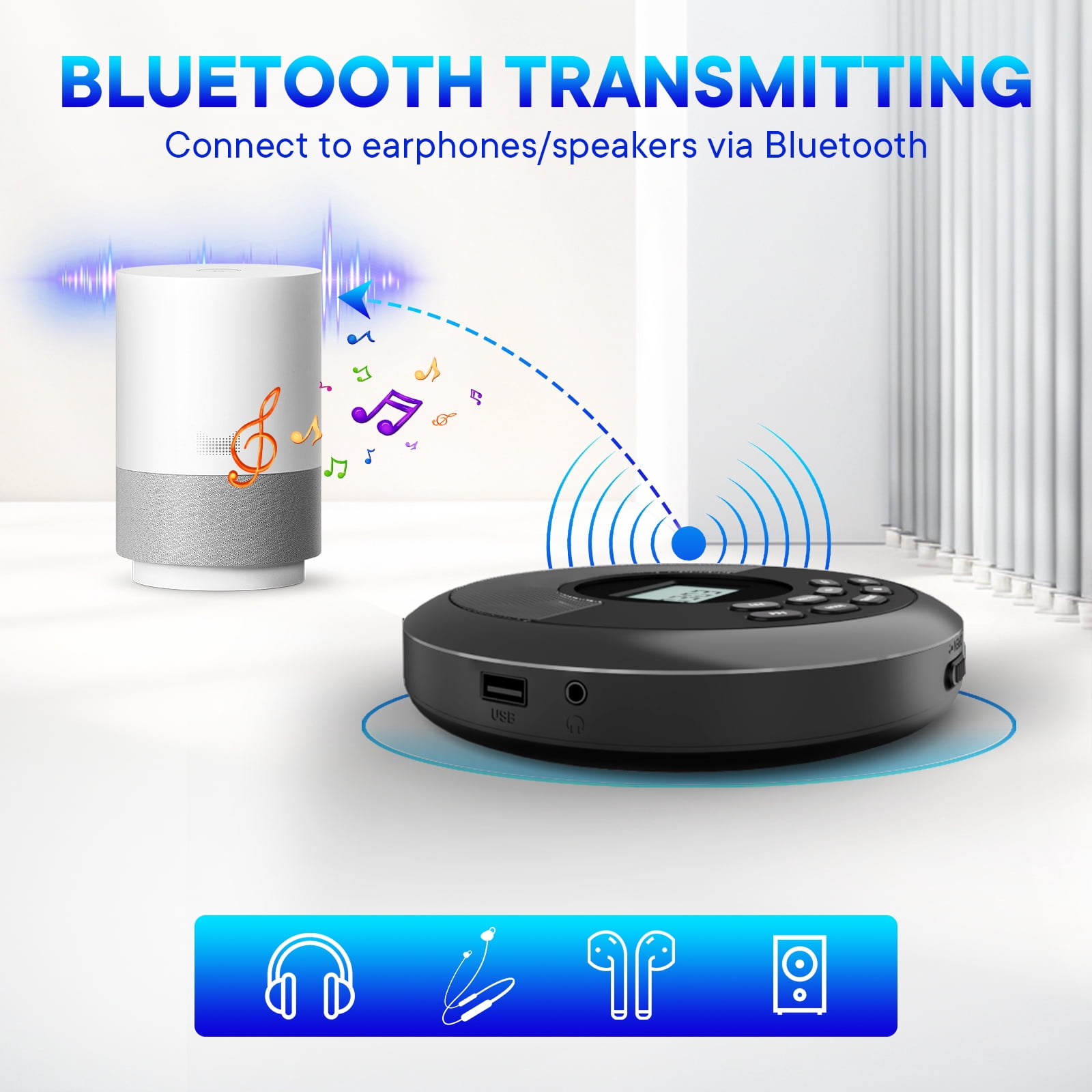 KUEPHOM Portable CD Player Bluetooth,Rechargeable Walkman CD Player with Speakers and Headphones,Small CD Player for Car plug in with anti-skip protection,CD/USB/BT playable,bluetooth transmitting