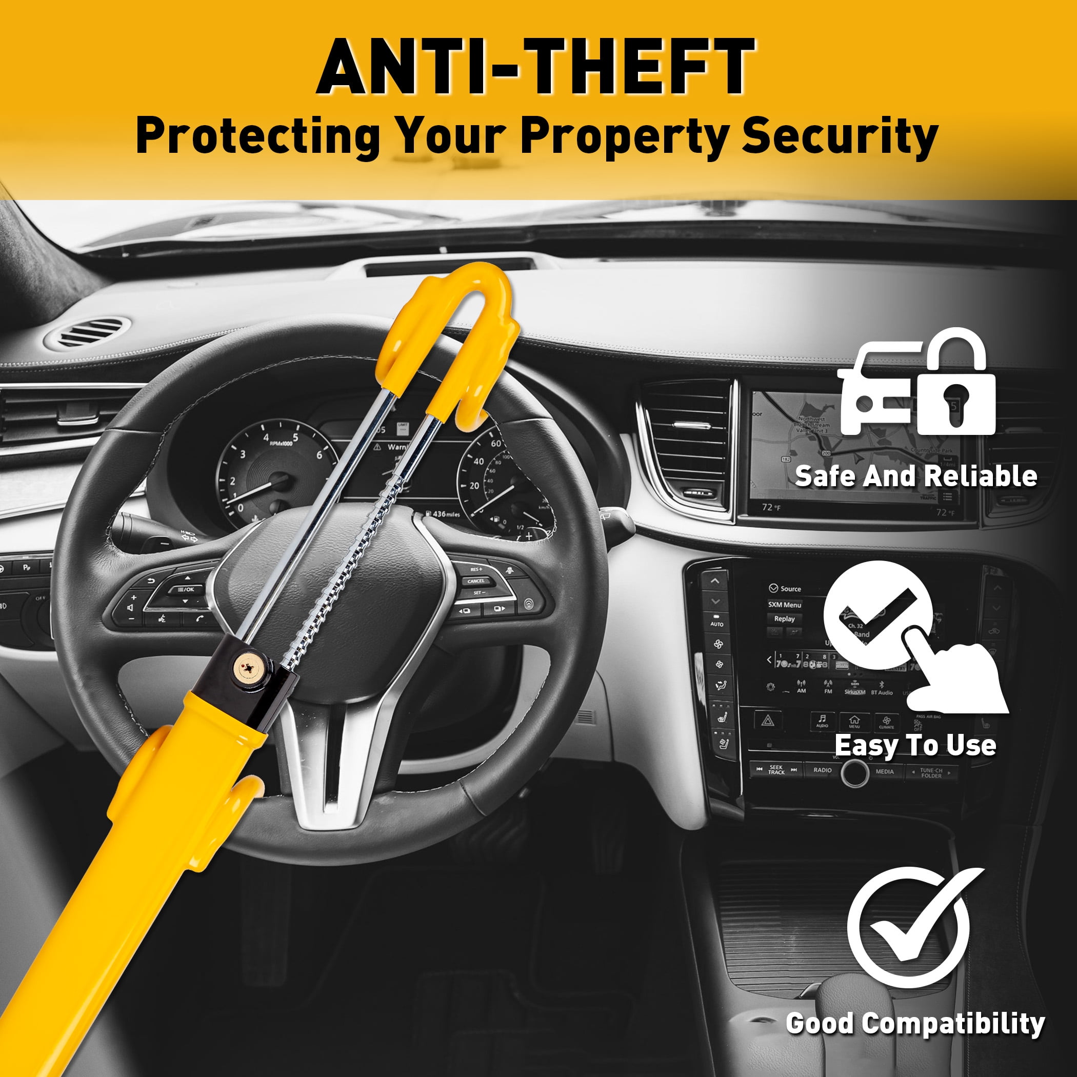 FATFOX Heavy Duty Steering Wheel Lock Anti-Theft Car Device Security Car Lock Great Deterrent Adjustable Antitheft Locking Devices for Cars Trucks Vans and SUVs with 3 Keys