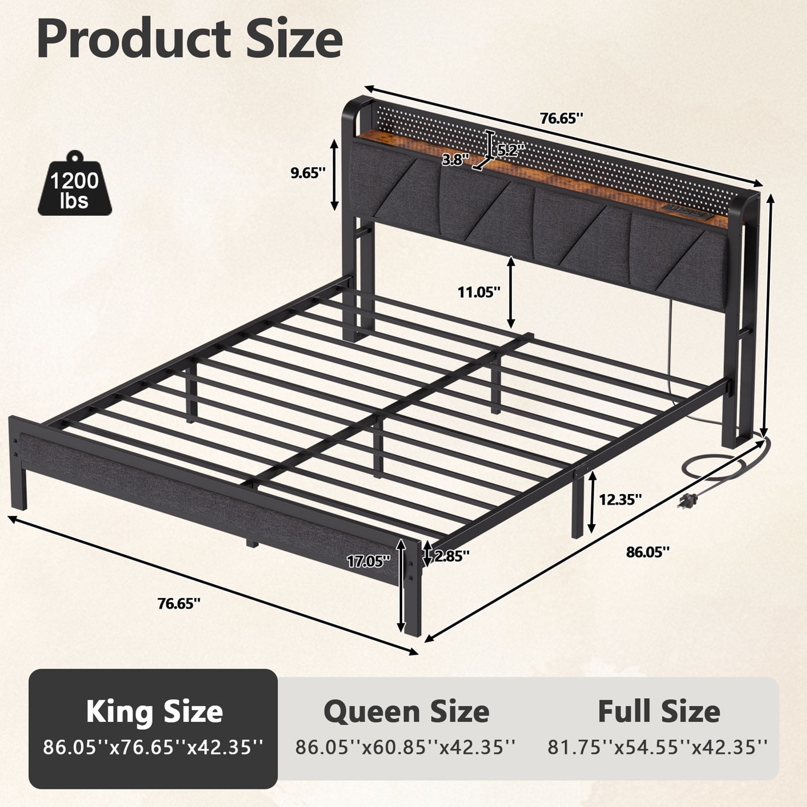 Satifur King Bed Frame with Upholstered Storage Headboard, Metal Platform Bed Station with Charging Station & LED, Noise-Free.No Box Spring Needed