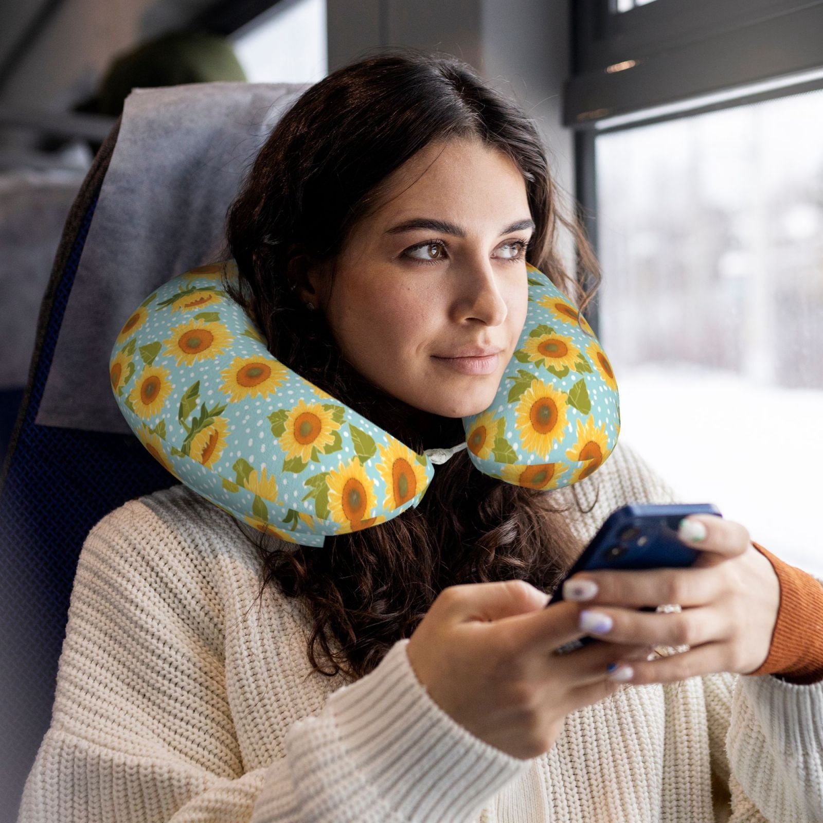 Xecao White Polka Dot Sunflower A Print Memory Foam Cervical Neck Pillow Versatile U-Shaped Pillows for Home,Office,Camping,Travelling,Soft Washable Cover