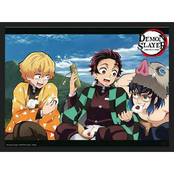 BUY ART FOR LESS Officially Licensed Demon Slayer Tanjiro, Zenitsu and Inosuke Framed Art Poster - 36 x 24 Inch - Sturdy Engineered Wood Frame with Plexi Glass - Ready To Hang