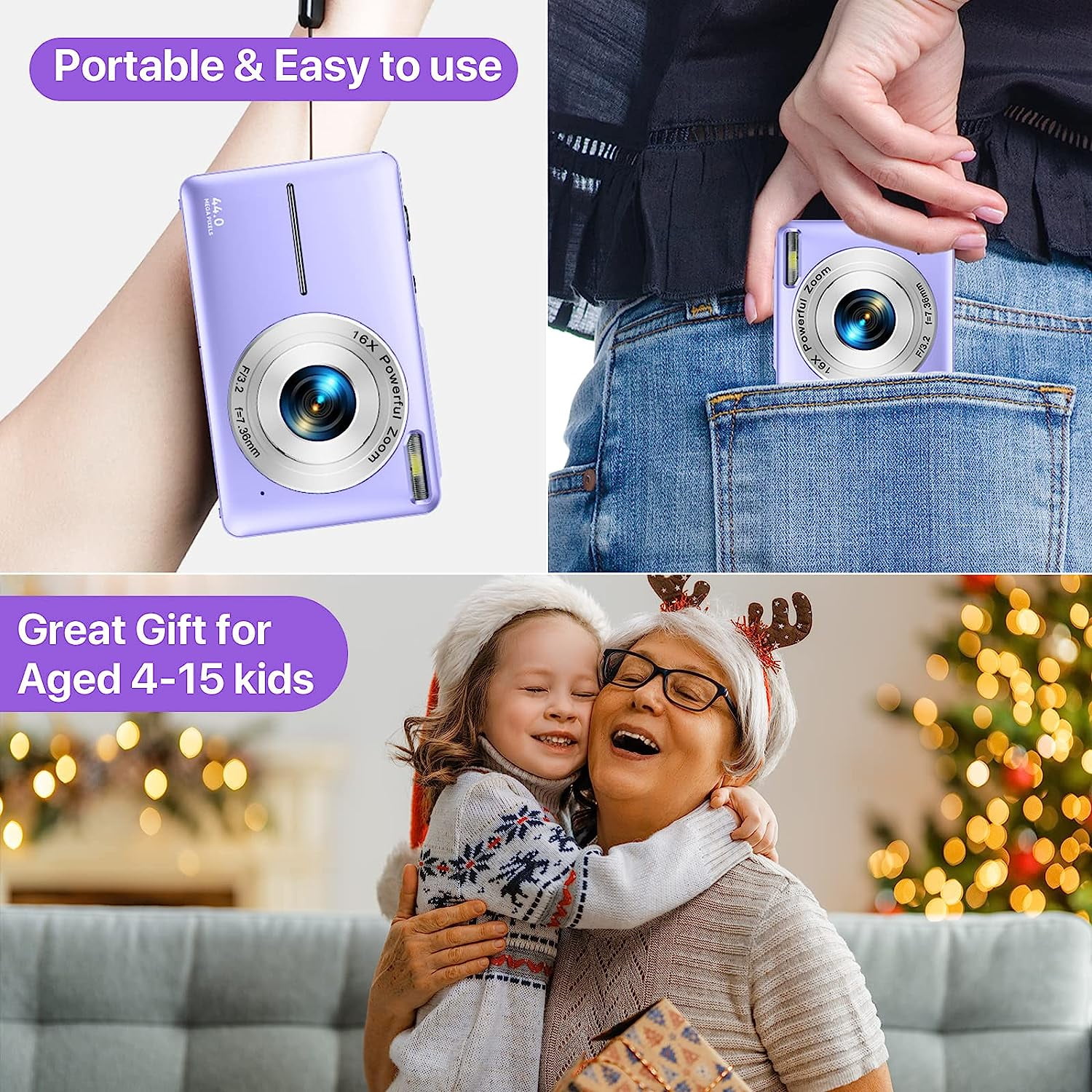 Digital Camera Kids Camera FHD 1080P 44MP Vlogging Camera with 16X Digital Zoom Portable Mini Digital Camera for Kids Teens Seniors with 32GB Card (Purple)