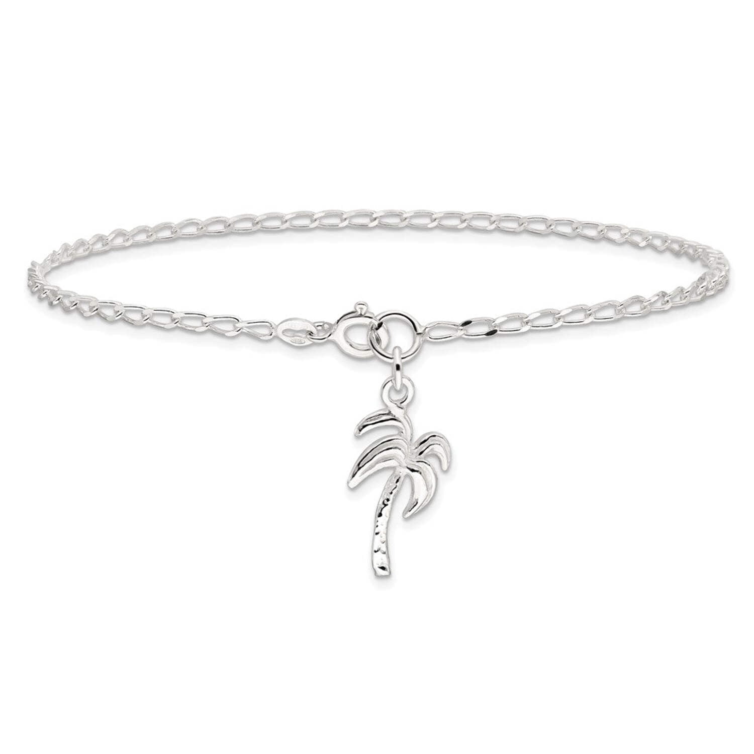 925 Sterling Silver Solid Polished Palm Tree Anklet 10 Inch Spring-Ring 12mm Wide Anklet for Women
