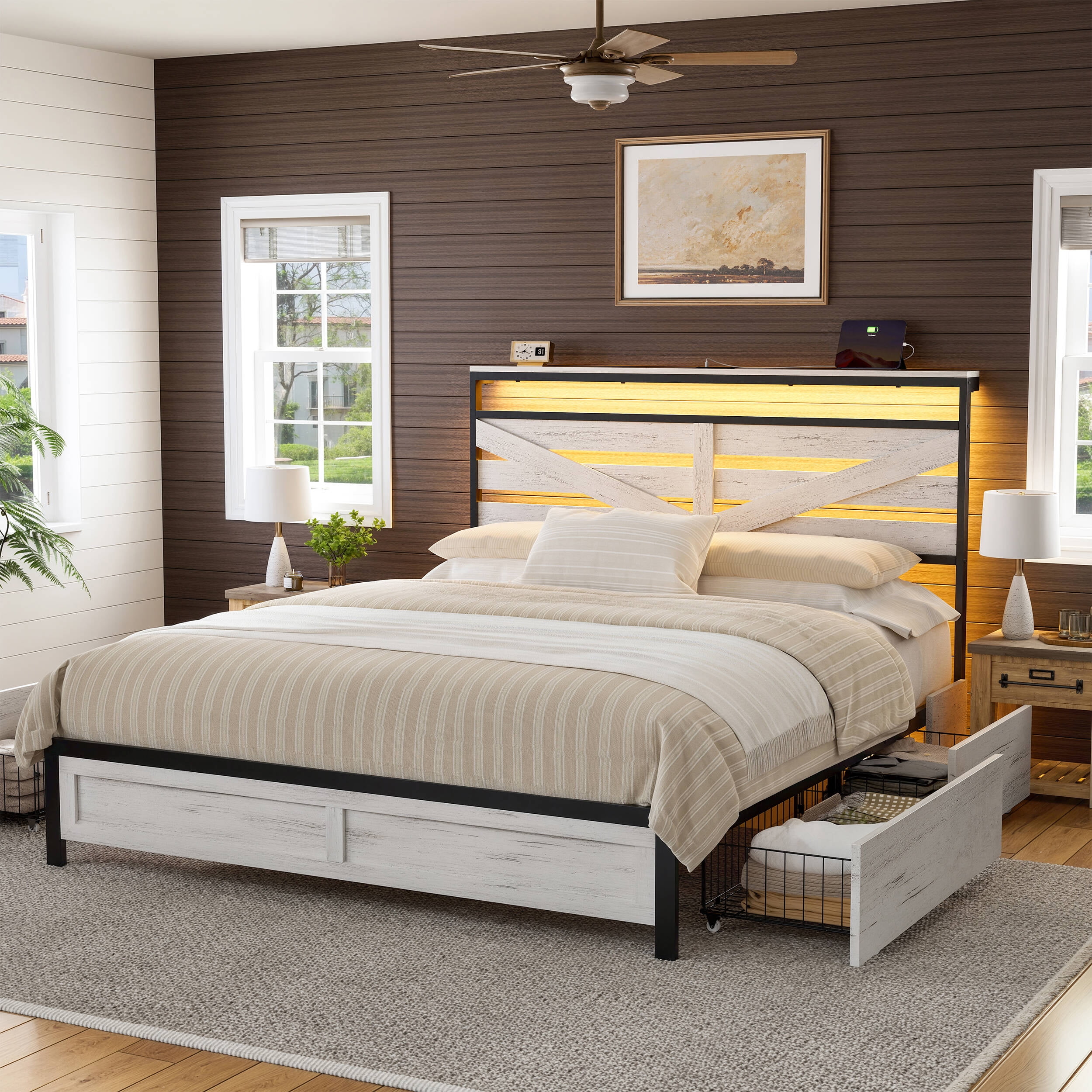 GUNAITO Queen Bed Frame with Storage Headboard & 4 Drawers, Industrial Metal Platform LED Bed with USB Ports & Outlets, Light Gray