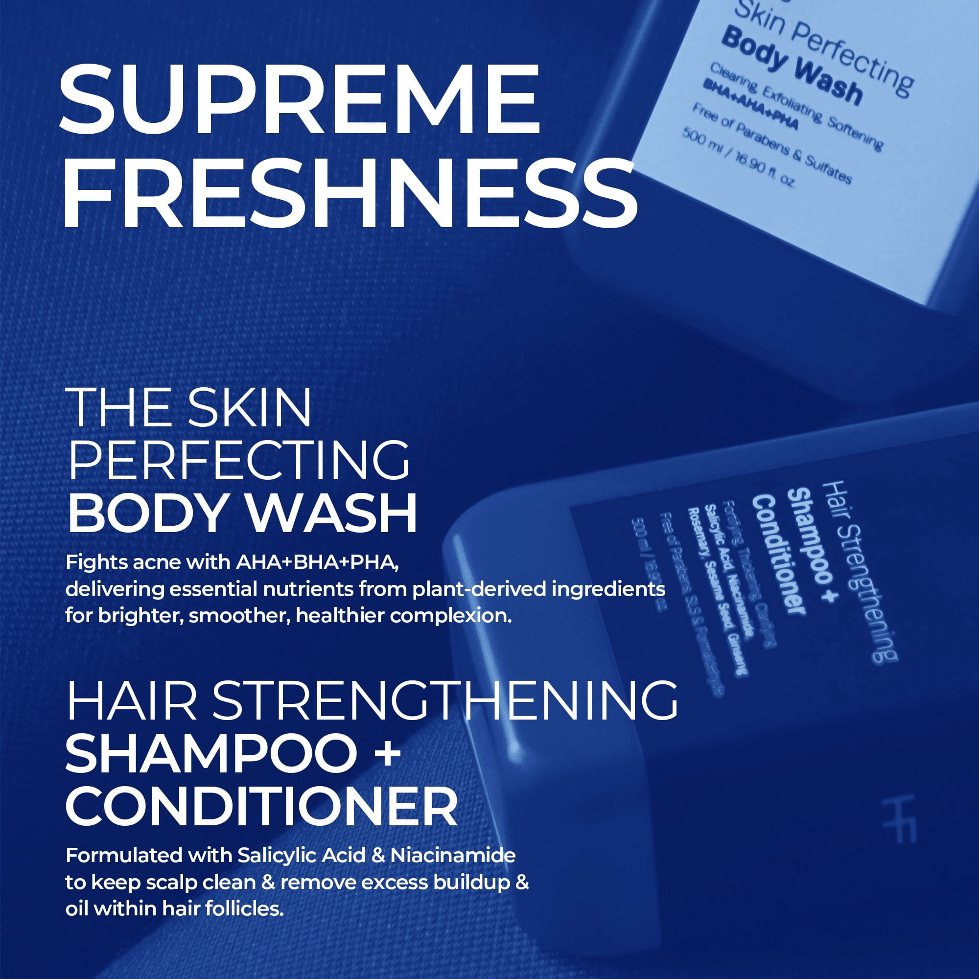 HOMMEFACE Triple Action Shower Kit for Men - Hair & Body Wash Set Includes a 2-in-1 Hair Strengthening Shampoo + Conditioner & Body Wash with Pump for Acne-Prone Skin