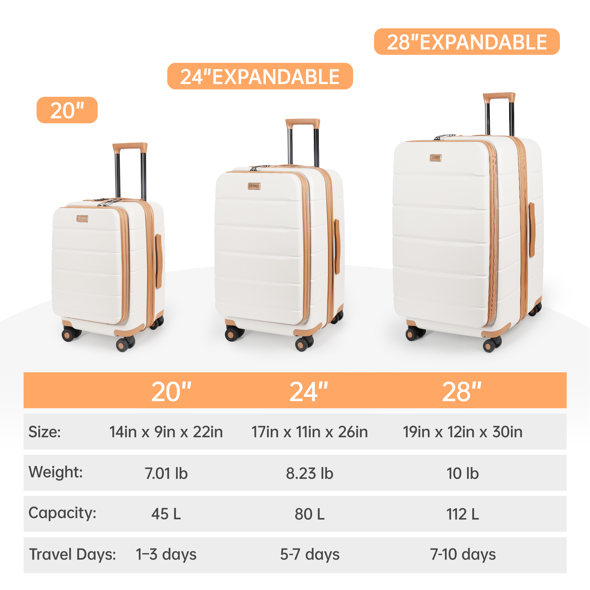 3 Piece Luggage Set,Hardside Expandable Front Opening Spinner Luggage with TSA Lock,Lightweight Hardshell Suitcase Set,20"/24"/28",Beige,CY2431