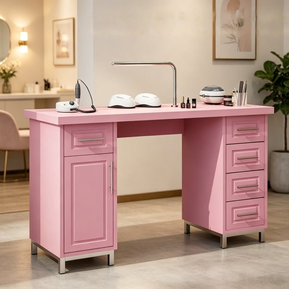 DreamCurship Manicure Table Nail Desk for Nail Tech, Nail Table with 5 Drawers and Cabinet, Beauty Salon Spa, Pink