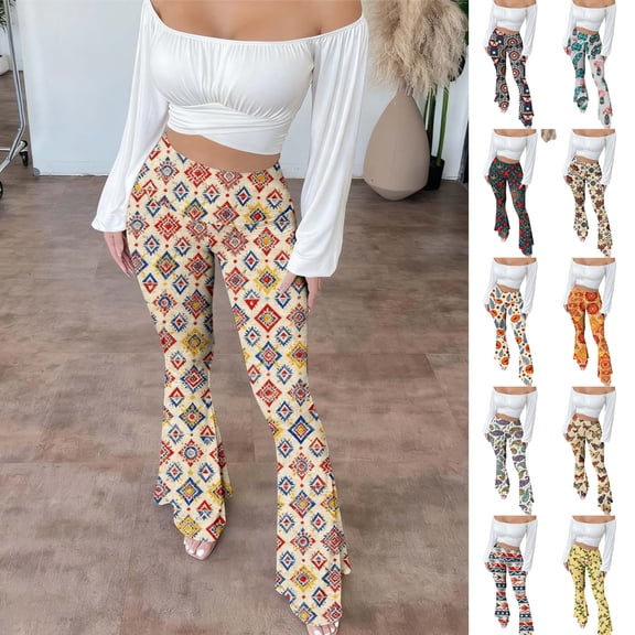 Cadancy Womens Flare Leggings Boho Vintage Floral Patterned High Waisted Palazzo Yoga Pants Tummy Control Cozy Soft Stretch Trendy Flared Tights