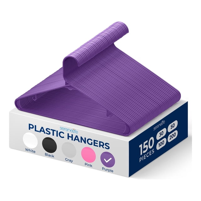 Ganchos de Plastico Premium SereneLife, Antideslizantes, Ahorradores de Espacio, Duraderos y Resistentes, para Camisas, Suéteres, Sudaderas, Abrigos, Pantalones y Vestidos, Violeta, Pack 150