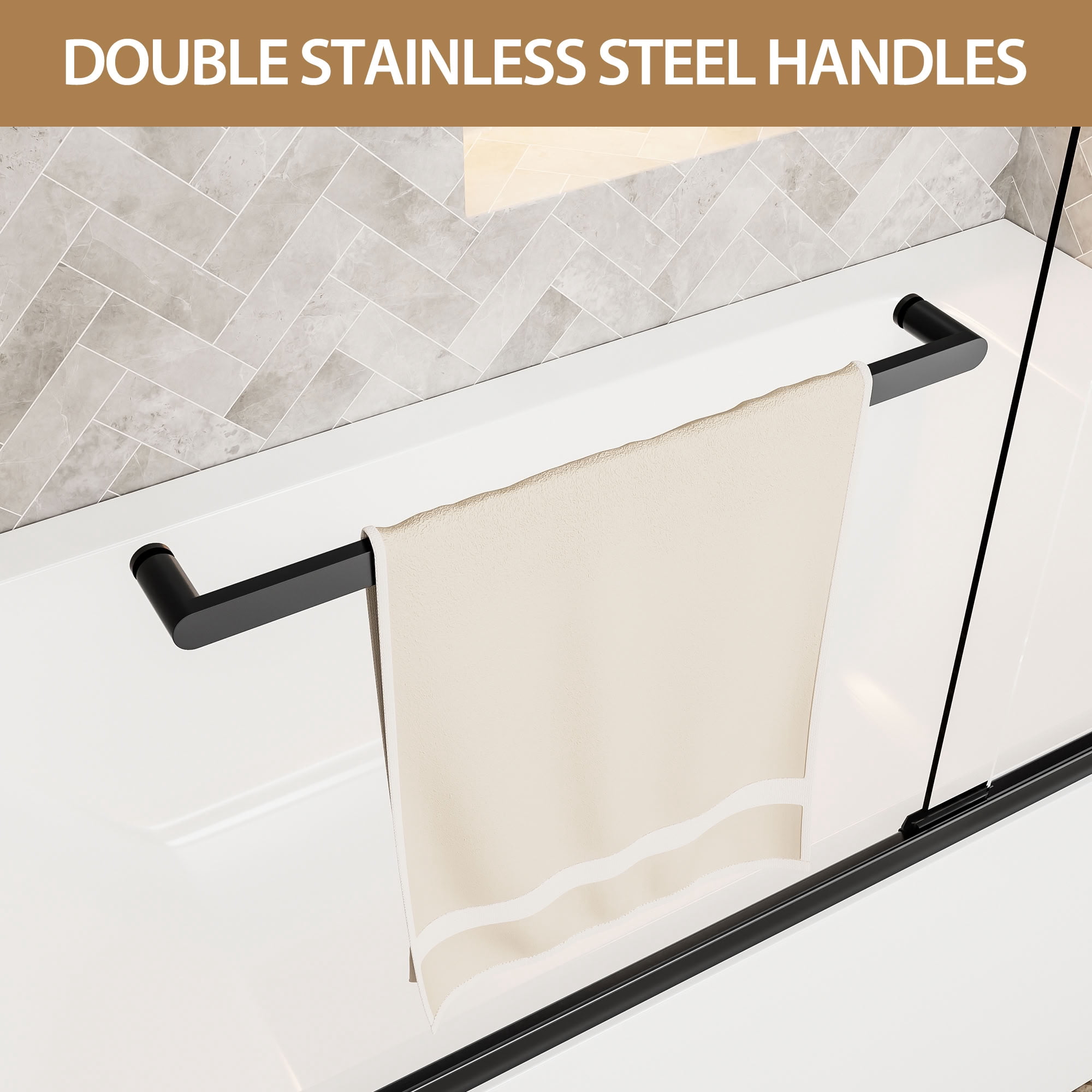 MAYEERTY Double Sliding Bathtub Door, Matte Black Aluminum Frame, Soft-Close Function, 1/4" Tempered Glass with Explosion-Proof Film, Waterproof